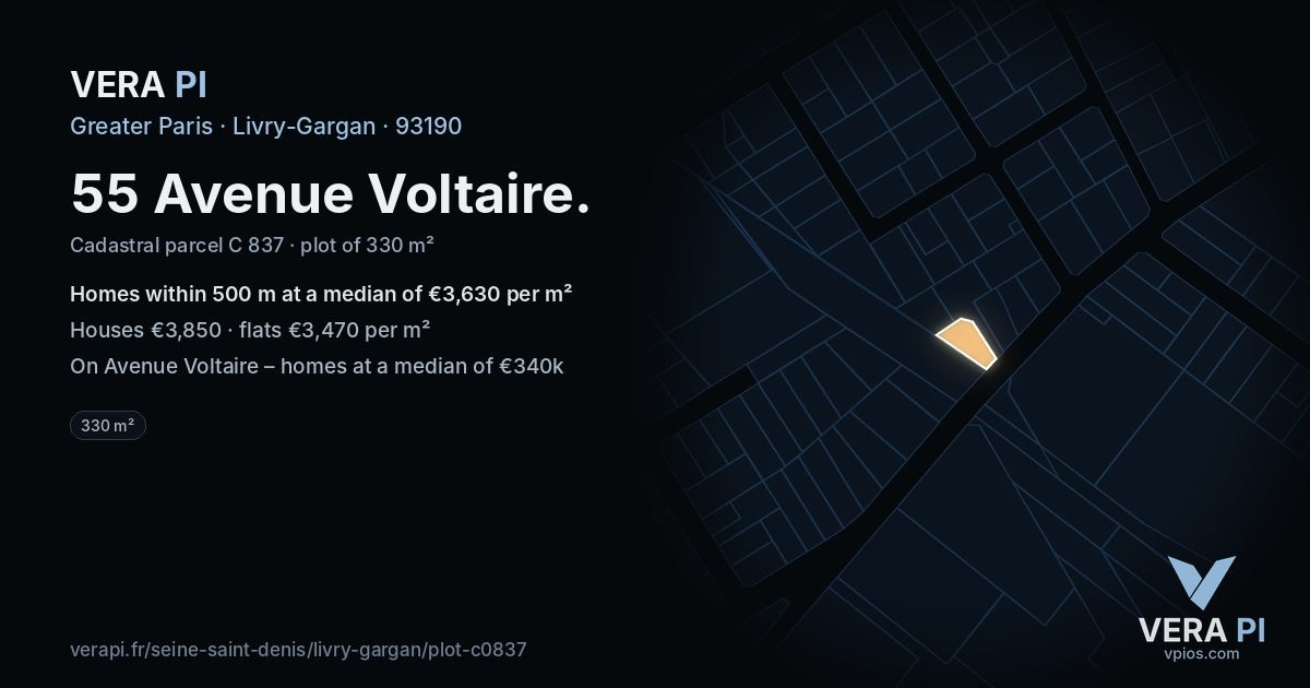 55 Avenue Voltaire, Livry-Gargan at night – the plot lit, the parcels around coloured by the prices near them