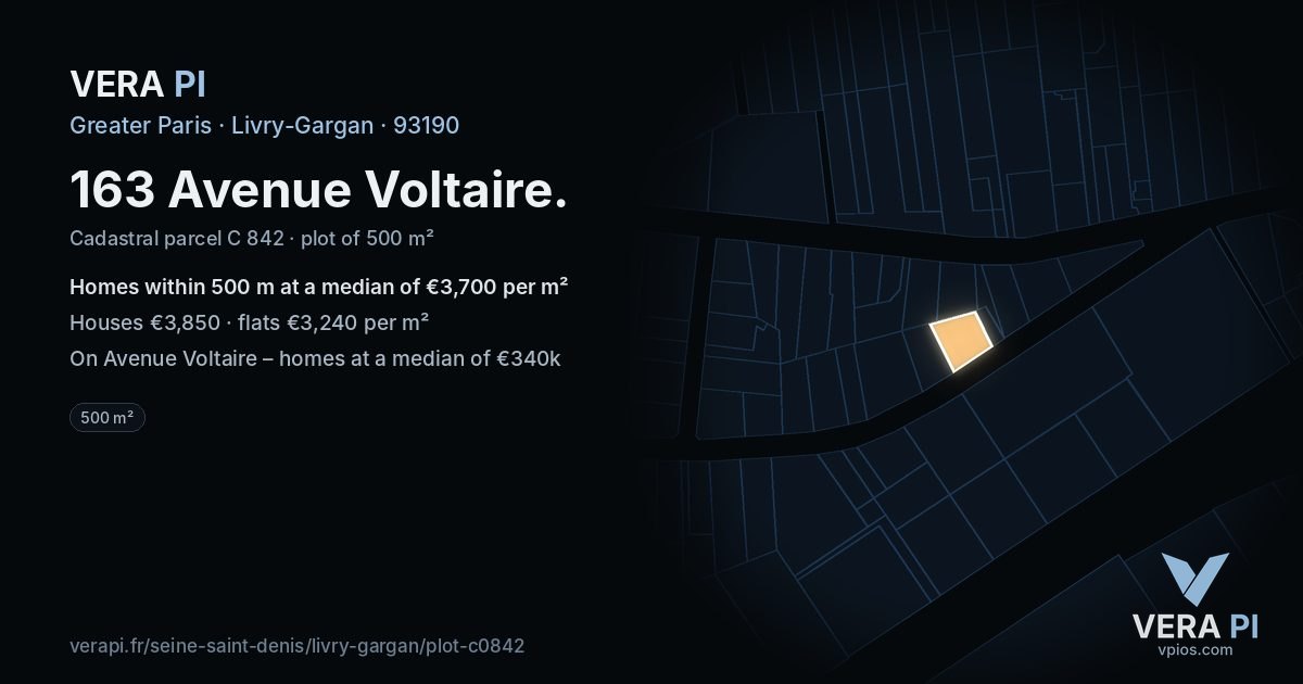 163 Avenue Voltaire, Livry-Gargan at night – the plot lit, the parcels around coloured by the prices near them