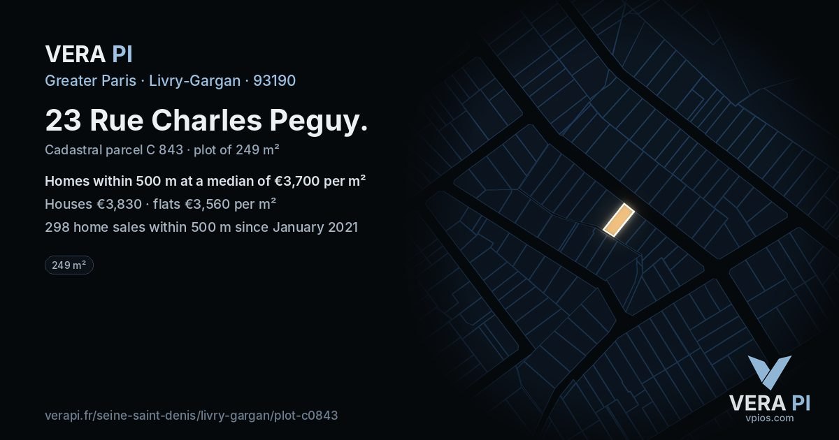 23 Rue Charles Peguy, Livry-Gargan at night – the plot lit, the parcels around coloured by the prices near them