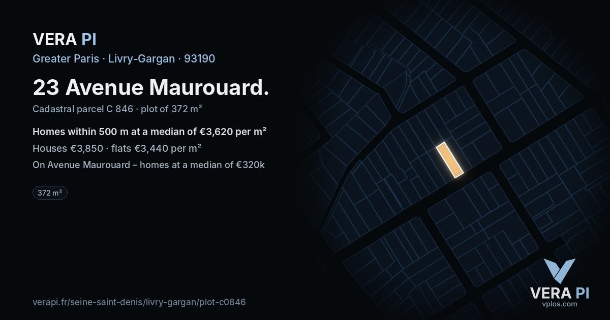 23 Avenue Maurouard, Livry-Gargan at night – the plot lit, the parcels around coloured by the prices near them