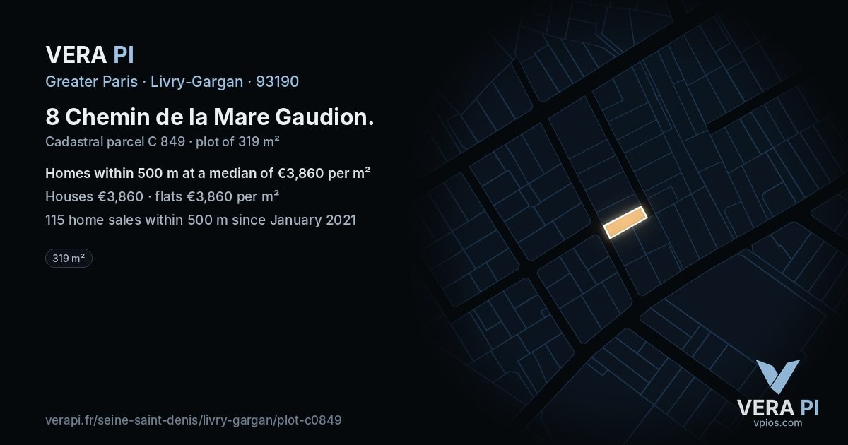 8 Chemin de la Mare Gaudion, Livry-Gargan at night – the plot lit, the parcels around coloured by the prices near them