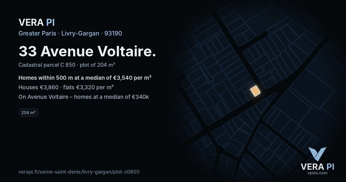 33 Avenue Voltaire, Livry-Gargan at night – the plot lit, the parcels around coloured by the prices near them