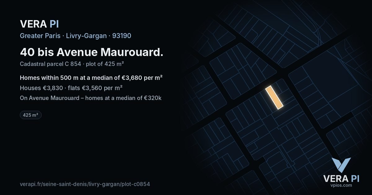 40 bis Avenue Maurouard, Livry-Gargan at night – the plot lit, the parcels around coloured by the prices near them