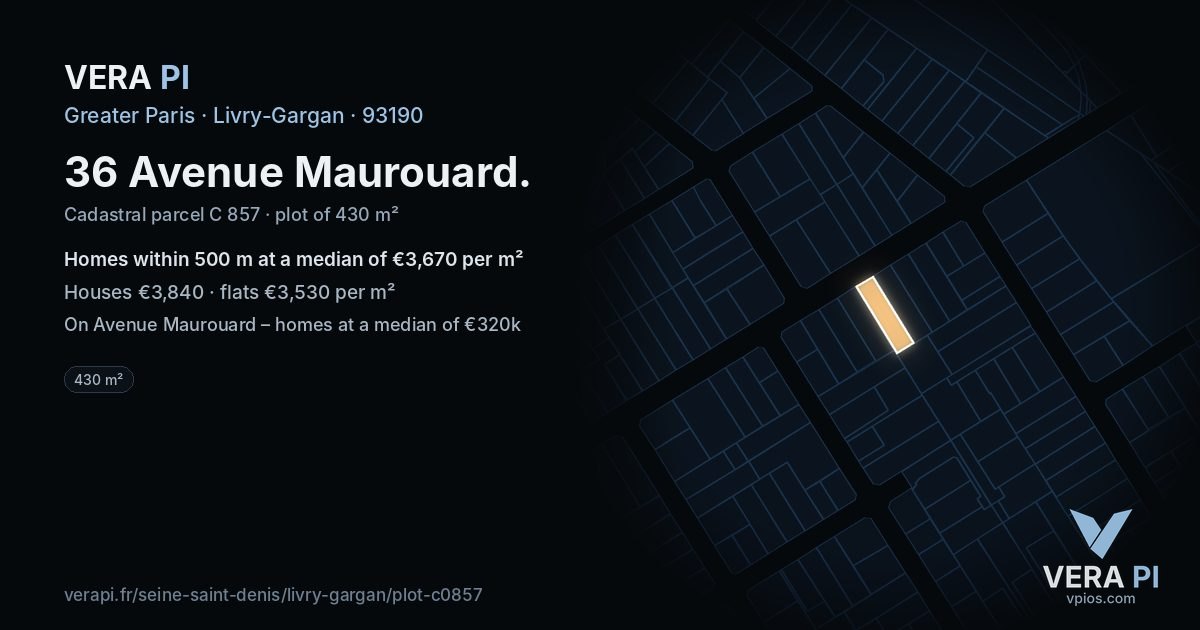 36 Avenue Maurouard, Livry-Gargan at night – the plot lit, the parcels around coloured by the prices near them