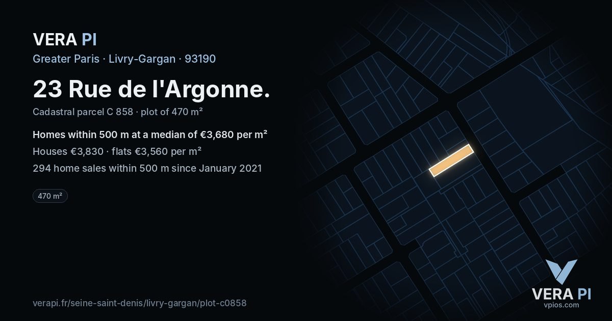 23 Rue de l'Argonne, Livry-Gargan at night – the plot lit, the parcels around coloured by the prices near them