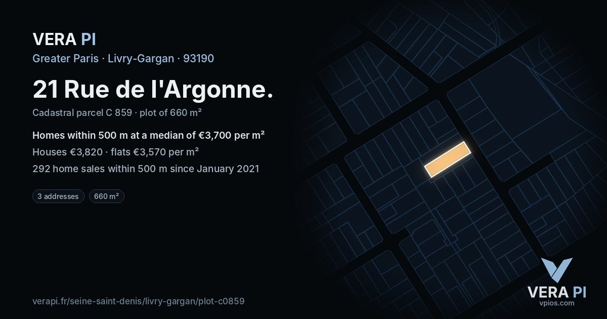 21 Rue de l'Argonne, Livry-Gargan at night – the plot lit, the parcels around coloured by the prices near them