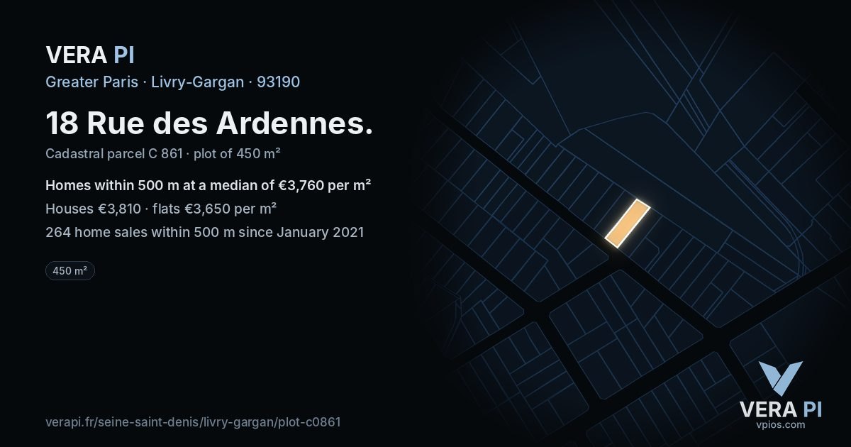 18 Rue des Ardennes, Livry-Gargan at night – the plot lit, the parcels around coloured by the prices near them