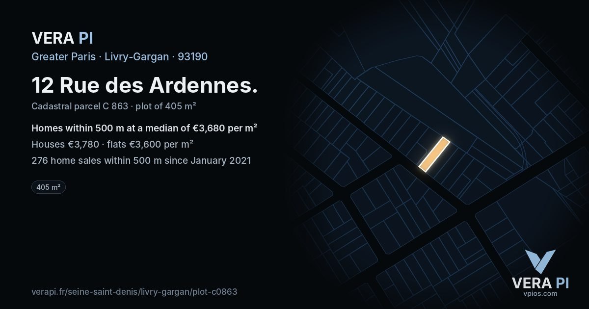12 Rue des Ardennes, Livry-Gargan at night – the plot lit, the parcels around coloured by the prices near them