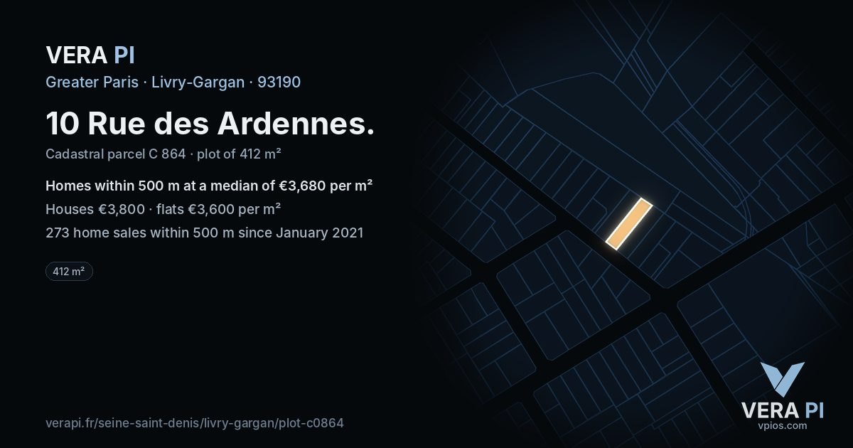 10 Rue des Ardennes, Livry-Gargan at night – the plot lit, the parcels around coloured by the prices near them