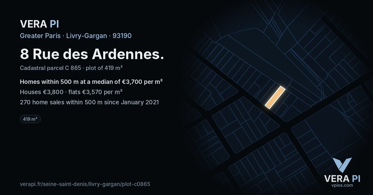 8 Rue des Ardennes, Livry-Gargan at night – the plot lit, the parcels around coloured by the prices near them