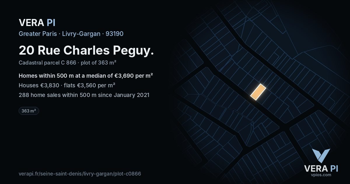 20 Rue Charles Peguy, Livry-Gargan at night – the plot lit, the parcels around coloured by the prices near them