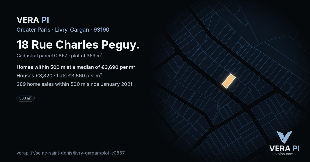 18 Rue Charles Peguy, Livry-Gargan at night – the plot lit, the parcels around coloured by the prices near them