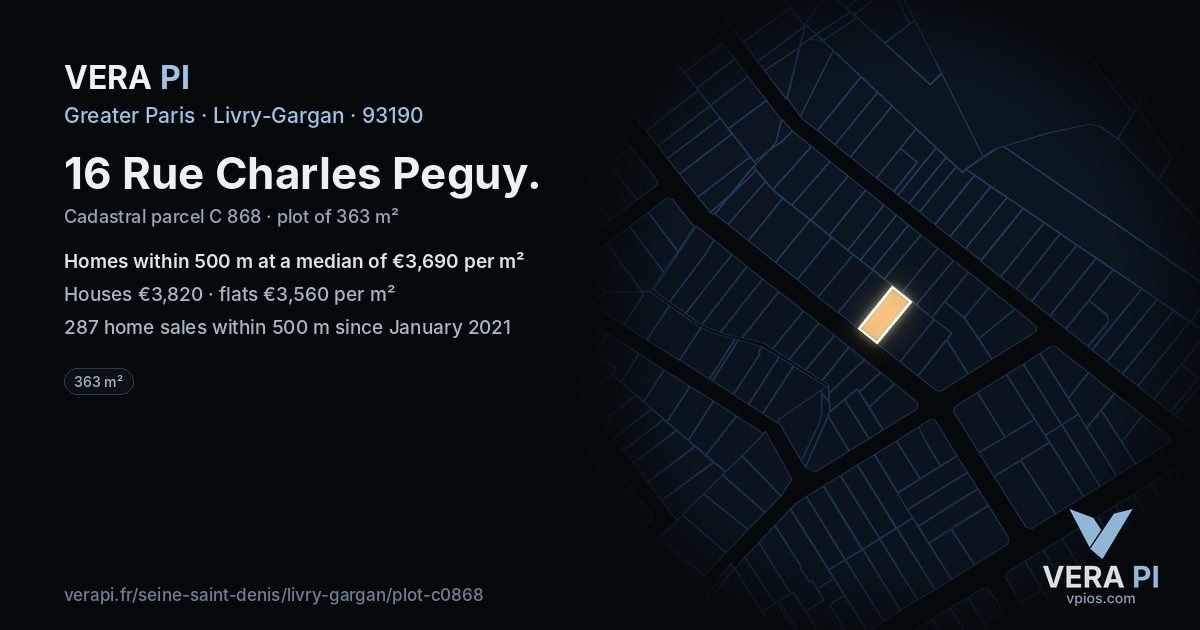 16 Rue Charles Peguy, Livry-Gargan at night – the plot lit, the parcels around coloured by the prices near them