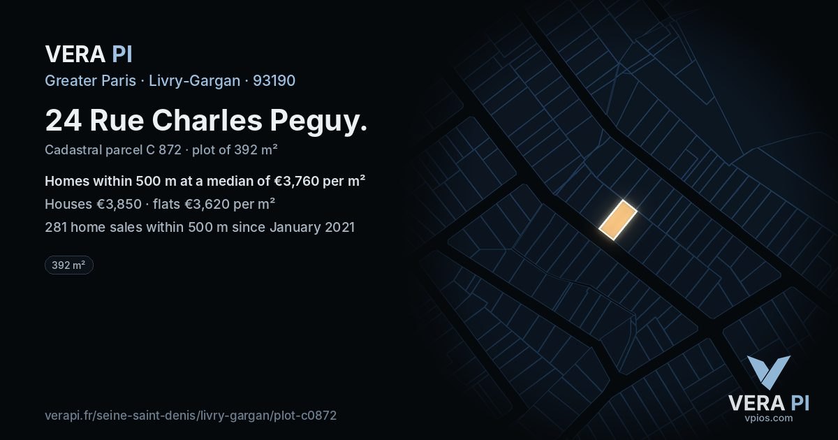 24 Rue Charles Peguy, Livry-Gargan at night – the plot lit, the parcels around coloured by the prices near them
