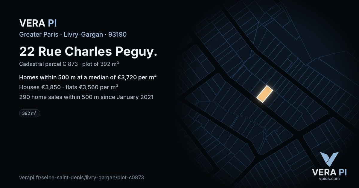 22 Rue Charles Peguy, Livry-Gargan at night – the plot lit, the parcels around coloured by the prices near them