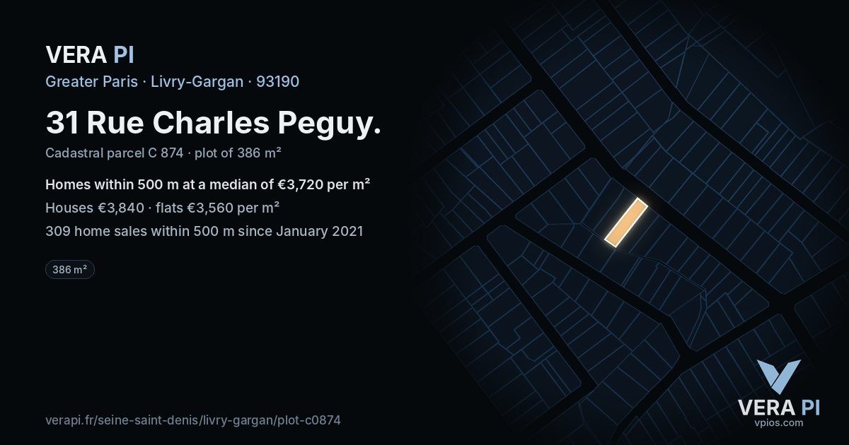 31 Rue Charles Peguy, Livry-Gargan at night – the plot lit, the parcels around coloured by the prices near them