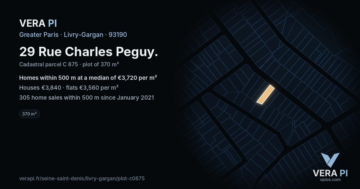 29 Rue Charles Peguy, Livry-Gargan at night – the plot lit, the parcels around coloured by the prices near them