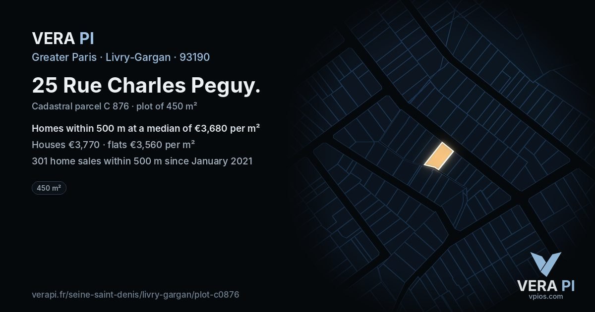 25 Rue Charles Peguy, Livry-Gargan at night – the plot lit, the parcels around coloured by the prices near them
