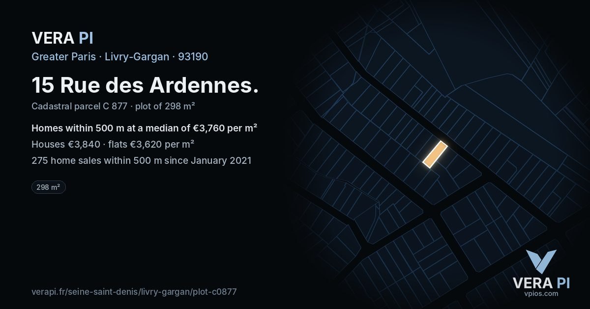 15 Rue des Ardennes, Livry-Gargan at night – the plot lit, the parcels around coloured by the prices near them