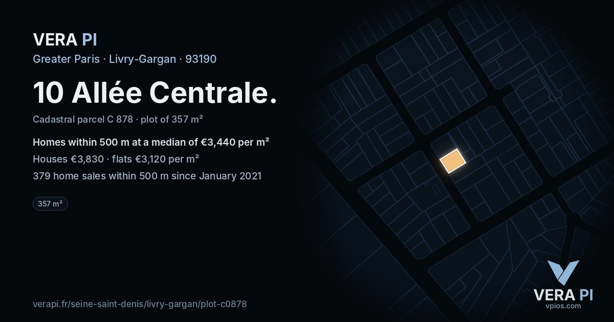 10 Allée Centrale, Livry-Gargan at night – the plot lit, the parcels around coloured by the prices near them