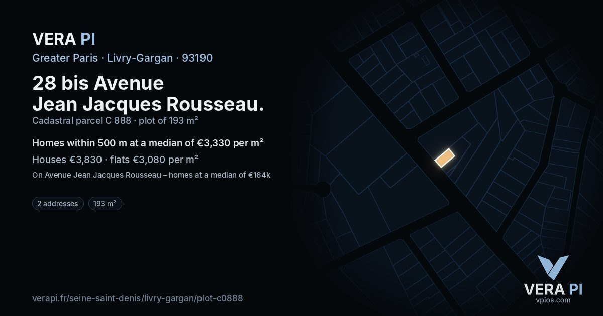 28 bis Avenue Jean Jacques Rousseau, Livry-Gargan at night – the plot lit, the parcels around coloured by the prices near them