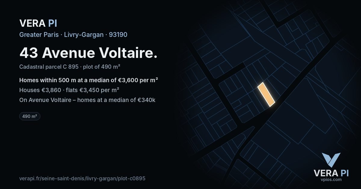 43 Avenue Voltaire, Livry-Gargan at night – the plot lit, the parcels around coloured by the prices near them