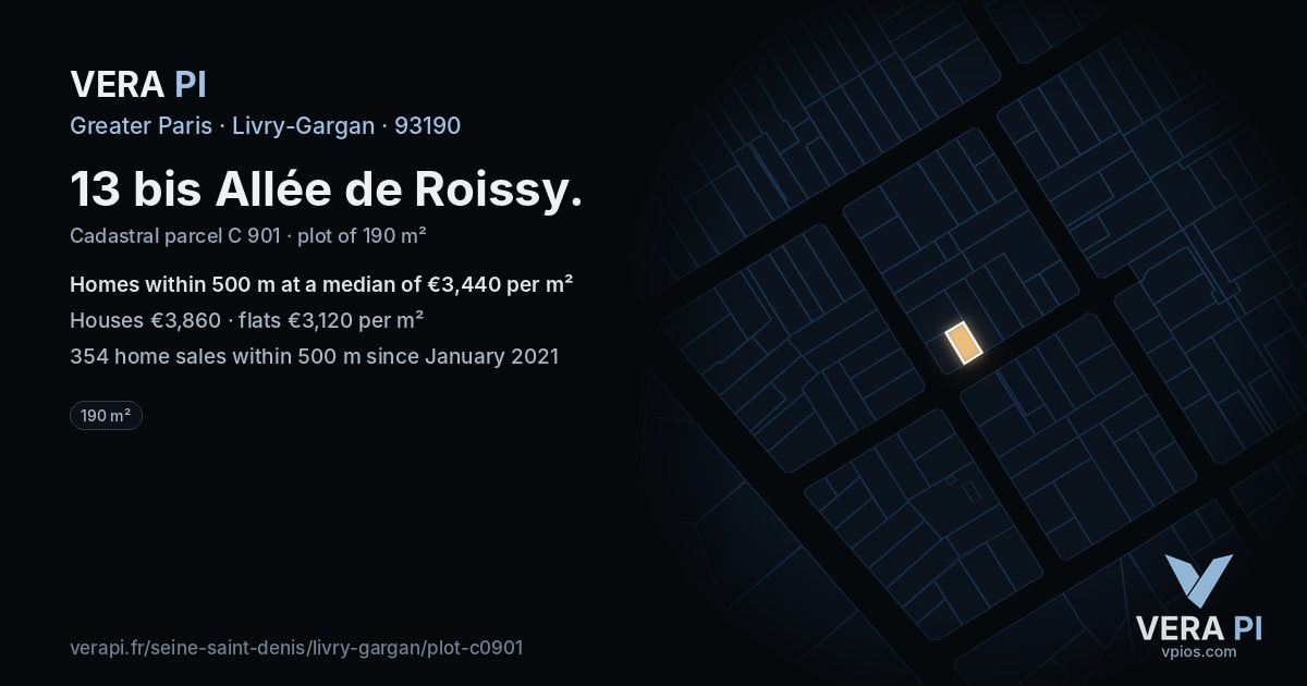 13 bis Allée de Roissy, Livry-Gargan at night – the plot lit, the parcels around coloured by the prices near them