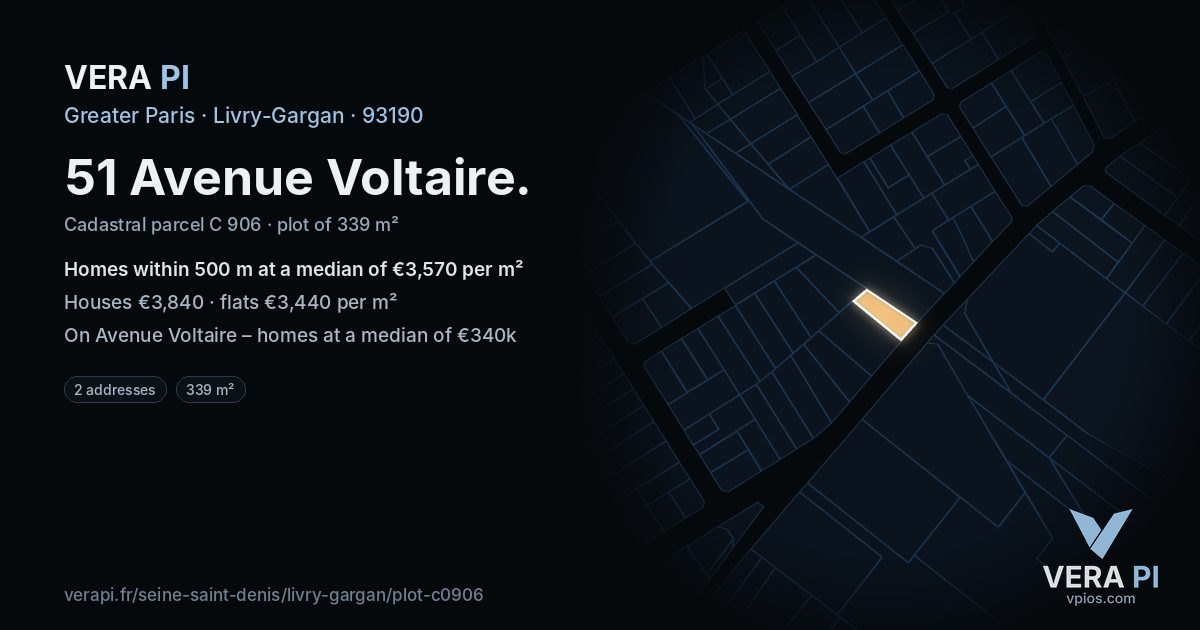51 Avenue Voltaire, Livry-Gargan at night – the plot lit, the parcels around coloured by the prices near them