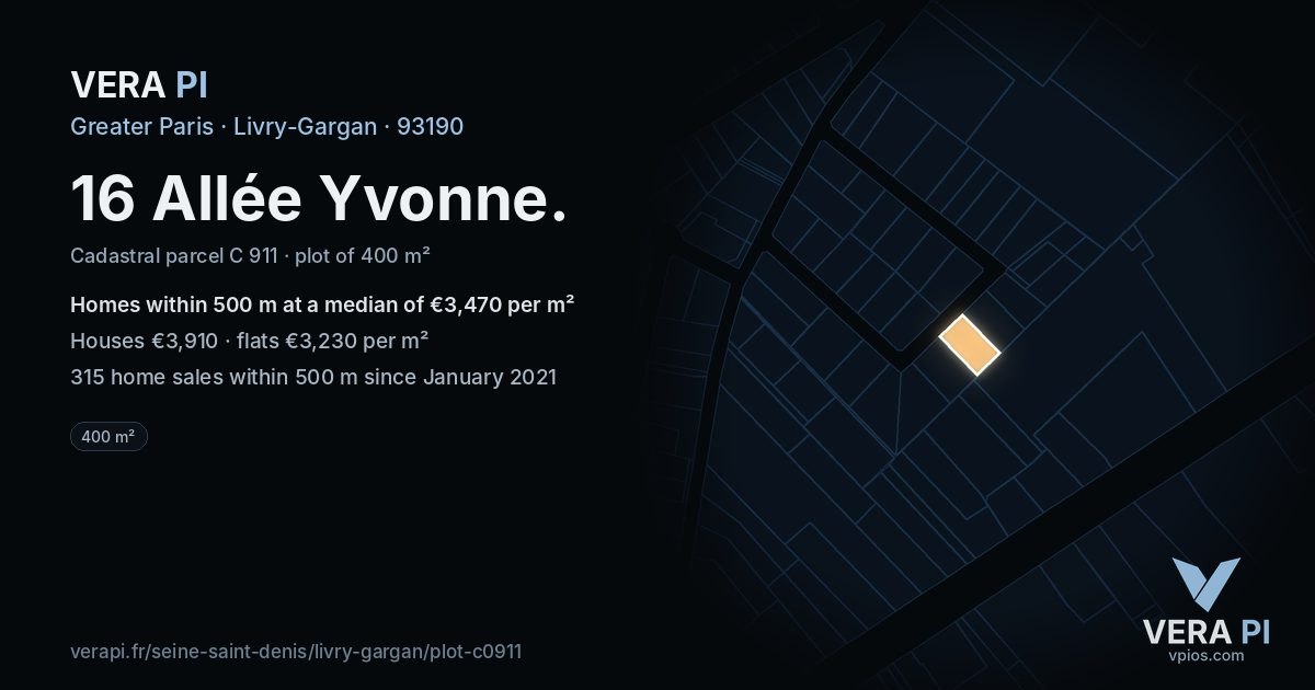 16 Allée Yvonne, Livry-Gargan at night – the plot lit, the parcels around coloured by the prices near them