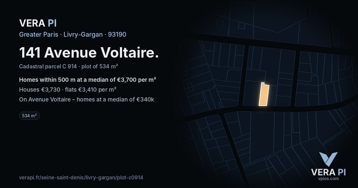 141 Avenue Voltaire, Livry-Gargan at night – the plot lit, the parcels around coloured by the prices near them