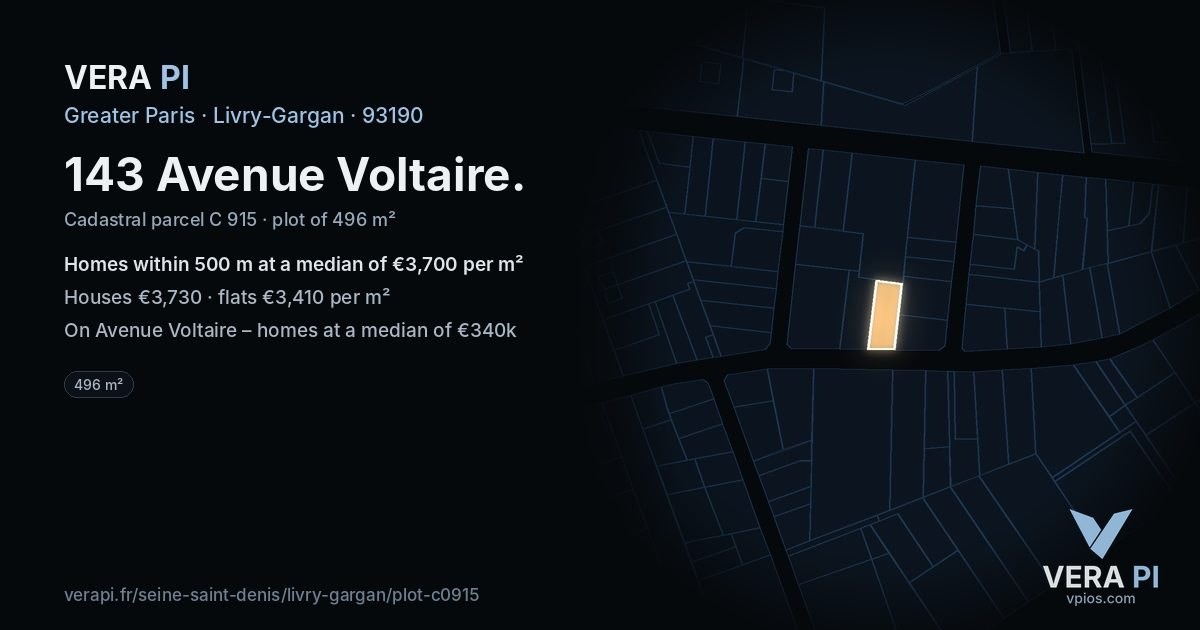 143 Avenue Voltaire, Livry-Gargan at night – the plot lit, the parcels around coloured by the prices near them