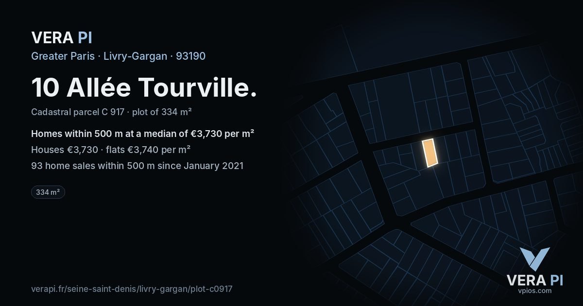 10 Allée Tourville, Livry-Gargan at night – the plot lit, the parcels around coloured by the prices near them