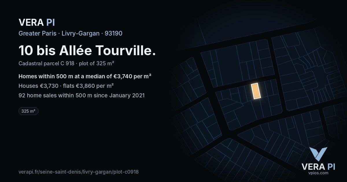 10 bis Allée Tourville, Livry-Gargan at night – the plot lit, the parcels around coloured by the prices near them