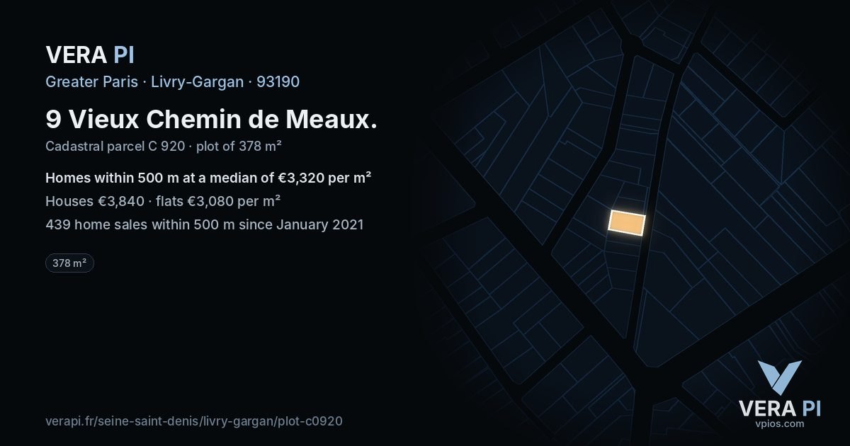 9 Vieux Chemin de Meaux, Livry-Gargan at night – the plot lit, the parcels around coloured by the prices near them