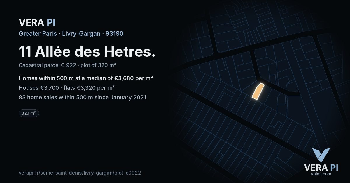 11 Allée des Hetres, Livry-Gargan at night – the plot lit, the parcels around coloured by the prices near them