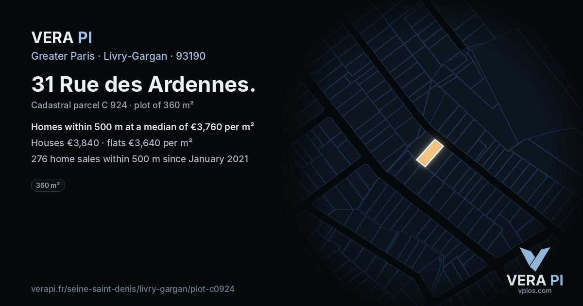 31 Rue des Ardennes, Livry-Gargan at night – the plot lit, the parcels around coloured by the prices near them