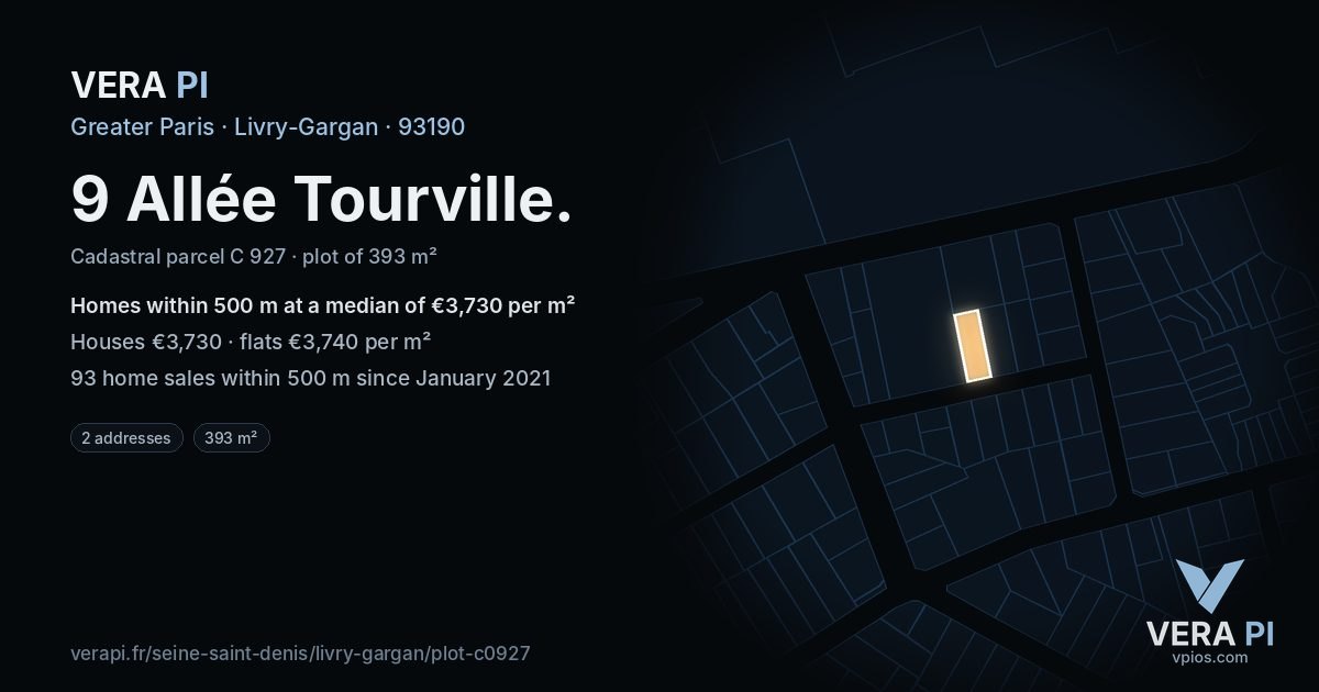 9 Allée Tourville, Livry-Gargan at night – the plot lit, the parcels around coloured by the prices near them