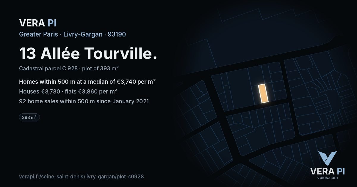 13 Allée Tourville, Livry-Gargan at night – the plot lit, the parcels around coloured by the prices near them