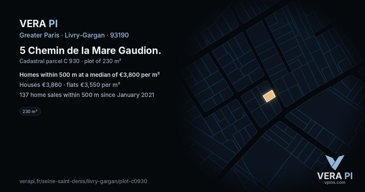 5 Chemin de la Mare Gaudion, Livry-Gargan at night – the plot lit, the parcels around coloured by the prices near them