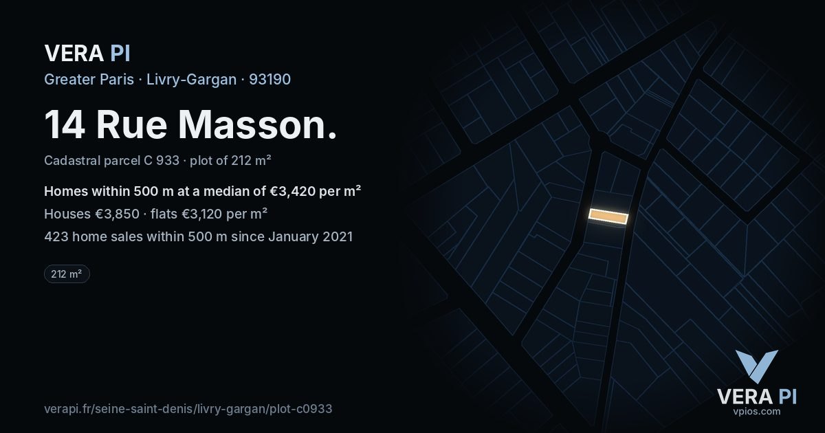 14 Rue Masson, Livry-Gargan at night – the plot lit, the parcels around coloured by the prices near them