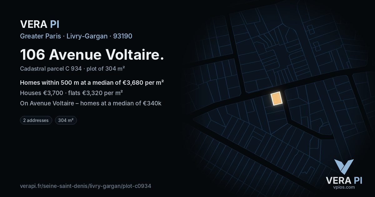 106 Avenue Voltaire, Livry-Gargan at night – the plot lit, the parcels around coloured by the prices near them