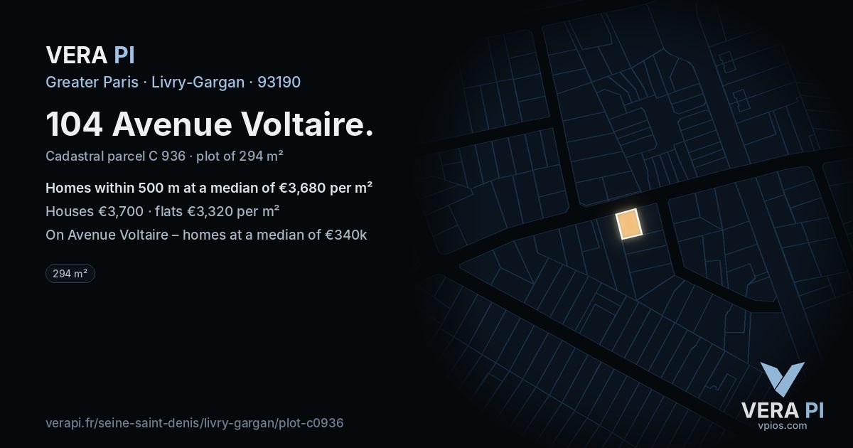 104 Avenue Voltaire, Livry-Gargan at night – the plot lit, the parcels around coloured by the prices near them