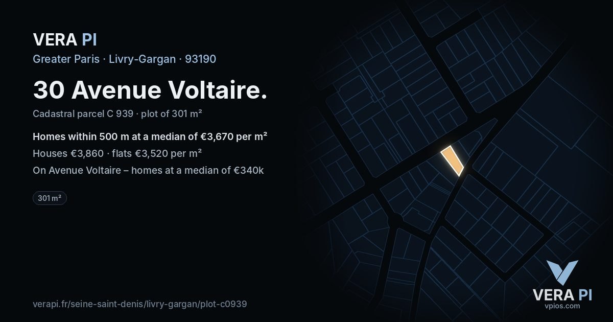 30 Avenue Voltaire, Livry-Gargan at night – the plot lit, the parcels around coloured by the prices near them