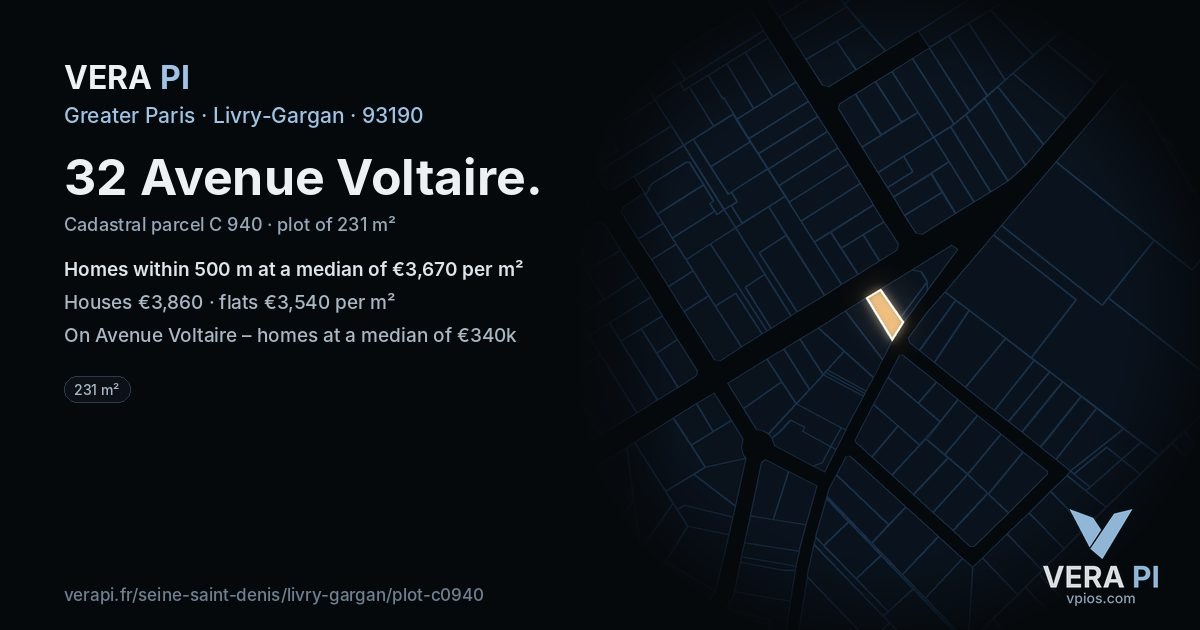 32 Avenue Voltaire, Livry-Gargan at night – the plot lit, the parcels around coloured by the prices near them