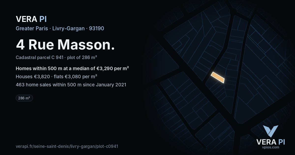 4 Rue Masson, Livry-Gargan at night – the plot lit, the parcels around coloured by the prices near them