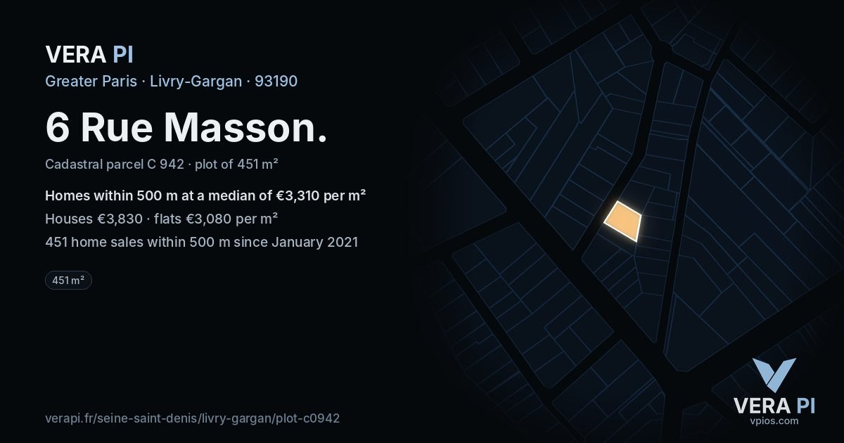 6 Rue Masson, Livry-Gargan at night – the plot lit, the parcels around coloured by the prices near them