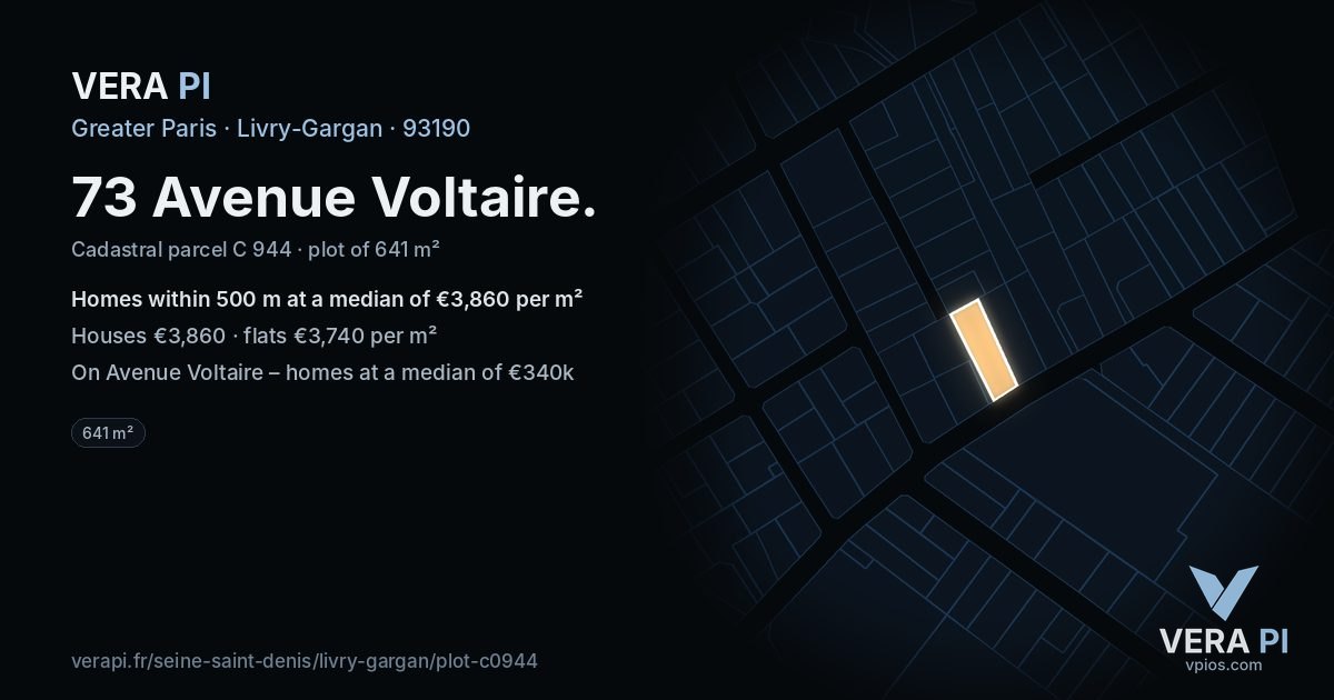 73 Avenue Voltaire, Livry-Gargan at night – the plot lit, the parcels around coloured by the prices near them