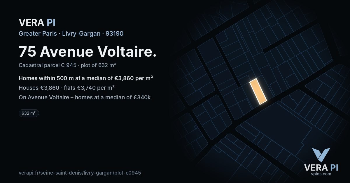 75 Avenue Voltaire, Livry-Gargan at night – the plot lit, the parcels around coloured by the prices near them