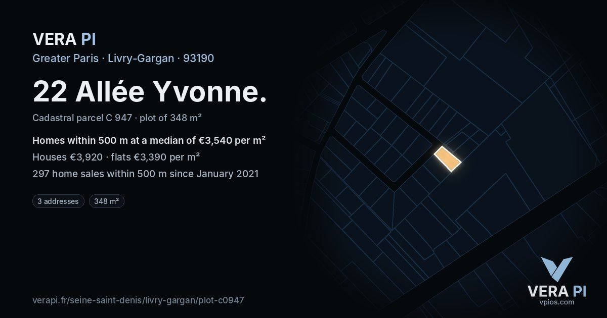 22 Allée Yvonne, Livry-Gargan at night – the plot lit, the parcels around coloured by the prices near them