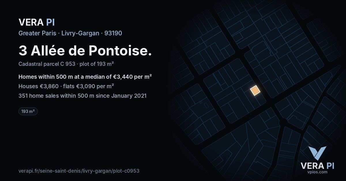 3 Allée de Pontoise, Livry-Gargan at night – the plot lit, the parcels around coloured by the prices near them